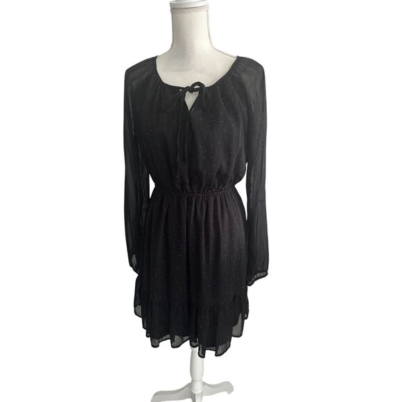 GILLI Black Brown Polka Dot Long Sleeve Dress Size Medium - Picture 2 of 6